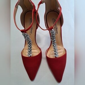 Badgley Mischka Red Satin Stilletto's With Jeweled Embellishments    Size 7M